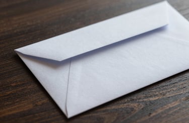 A close-up shot of a stylized, premium direct mail envelope on a dark wooden surface. High-quality paper texture, professional and exclusive feel, lighting highlights #A6BFCC tones.