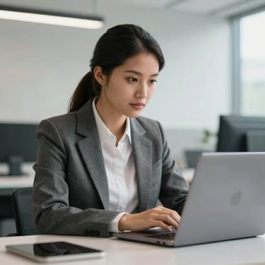 A focused South American business professional working in a clean, high-tech environment with a laptop.