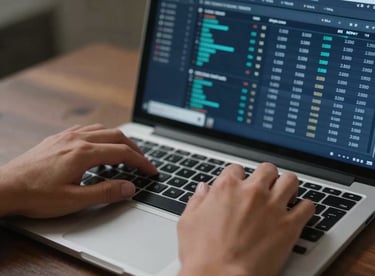 Close-up of hands typing on a laptop with a high-contrast dark blue interface showing data analytics.