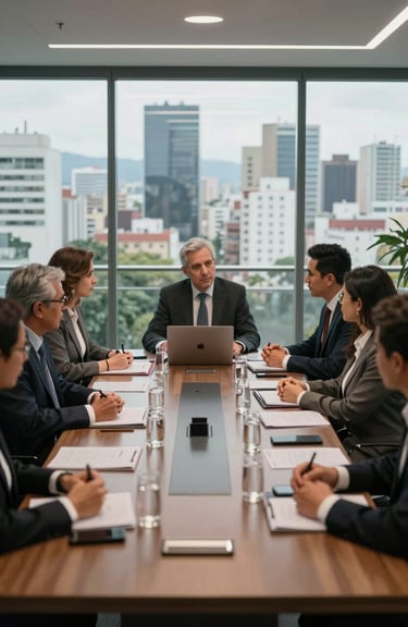 A collaborative meeting of professionals in a glass-walled conference room in a South American city.