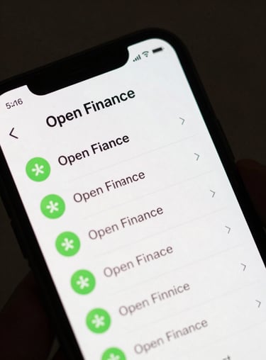 Macro photography of a smartphone screen displaying a secure Open Finance dashboard with green success indicators.