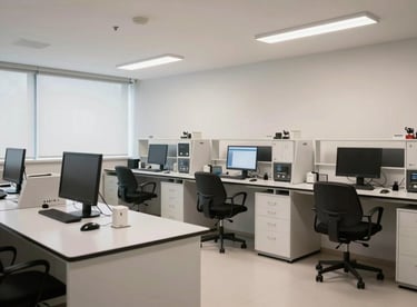 Interior of a modern Brazilian financial lab with soft lighting and white furniture, conveying innovation and trust.