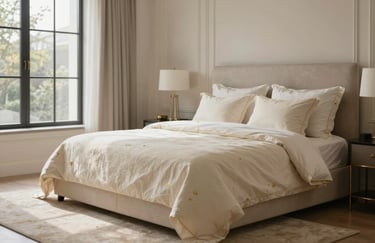 An elegant master bedroom in a luxury North American house, styled with creamy parchment linens and subtle gold accents. Natural light.
