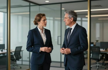 Two business professionals in sharp attire having a discussion in a minimalist glass office with deep navy and gold accents.
