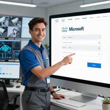 Close-up of a technician working on security cameras with modern monitoring screens in the background