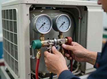 Medium shot of a technician's hands using a manifold gauge set to check refrigerant pressure on an air conditioning unit, dial gauges in sharp focus, hoses connected to service ports, site overhead lighting, slightly underexposed, no faces visible, hands and tools only