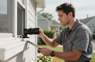 A professional service technician in North American / US attire inspecting a residential perimeter, bright daylight, professional and reassuring mood.