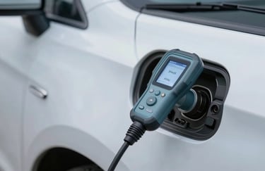 An action shot of a diagnostic tool connected to a car's OBD port. The screen shows successful programming. The aesthetic is clean and high-tech, incorporating #3F4A5E and #F5F7FA.