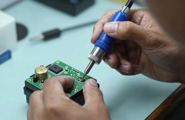 A close-up of a technician's hand using a precision tool to fix an electrical component. Clear, sharp focus in a Southeast Asian / Malaysian indoor setting. Colors: Steel Blue and Pale Sky Blue.