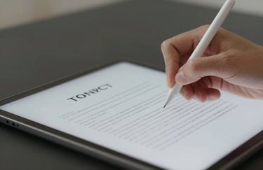 Close-up image of a person's hand using a digital stylus to sign a contract on a sleek tablet, representing digital e-signature capabilities.