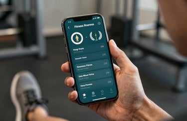 A smartphone showing a fitness progress app with deep teal interface, held by an athlete in a gym setting.