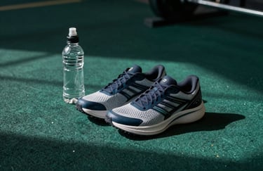 A pair of professional running shoes and a water bottle on a clean gym floor with dark forest green and deep teal shadows.