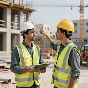 A civil engineer pointing at a structural detail on an active construction site, wearing safety gear, Middle Eastern / Anatolian urban setting.