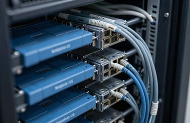 Macro shot of organized network server cabling in Steel Blue and Slate Blue within a North American / US data center.