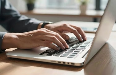 Close-up of professional hands typing on a premium aluminum laptop in a bright, sunlit modern workspace in a North American tech hub.