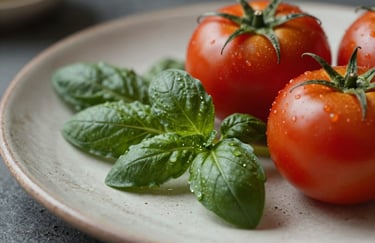 Close-up macro shot of fresh herbs in Matte Forest Green and ripe tomatoes in Deep Ripe Crimson on a rustic Crisp Parchment ceramic plate. Professional food styling.
