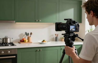 A behind-the-scenes shot of a professional camera on a tripod in a bright kitchen, filming a chef plating a dish. Crisp Parchment walls and Matte Forest Green details.