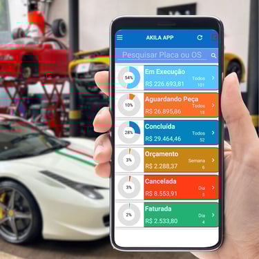 Hand holding a smartphone displaying an auto shop management app dashboard with garage work orders and car repairs.