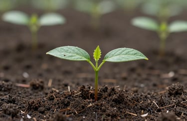 A vibrant green sapling growing steadily out of a rich, dark soil, captured with a shallow depth of field, representing financial growth and stability.