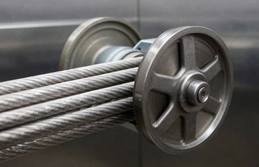Close-up of clean, well-maintained silver steel elevator cables and a large pulley wheel in a mechanical room, bright and clear lighting.