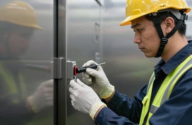 A professional technician in safety gear performing a detailed inspection of an elevator door sensor mechanism, focused and serious atmosphere.
