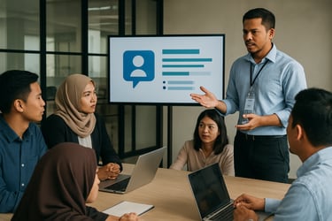 A candid shot of a professional customer service training session in an Indonesian corporate office, featuring diverse Southeast Asian / Indonesian professionals collaborating around a screen.