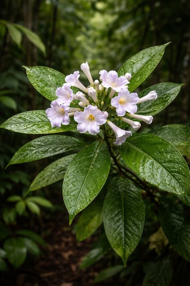 Wildflowers, Chiric Sanango, green leaves in a forest. Master plants.