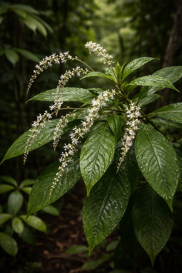 mucura tropical wildflowers and green jungle leaves.