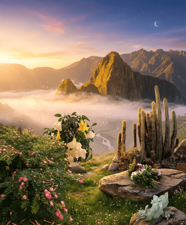 A ceremonial sunrise over Urubamba with flowers and San Pedro cacti over a valley.
