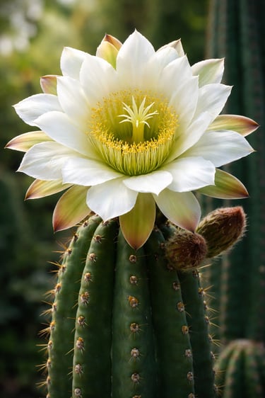 A blooming white San Pedro cactus flower with yellow stamens on a green columnar cactus.