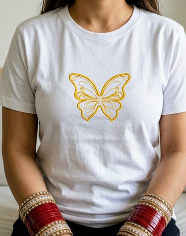 Woman wearing a white crewneck t-shirt with a yellow embroidered butterfly design.