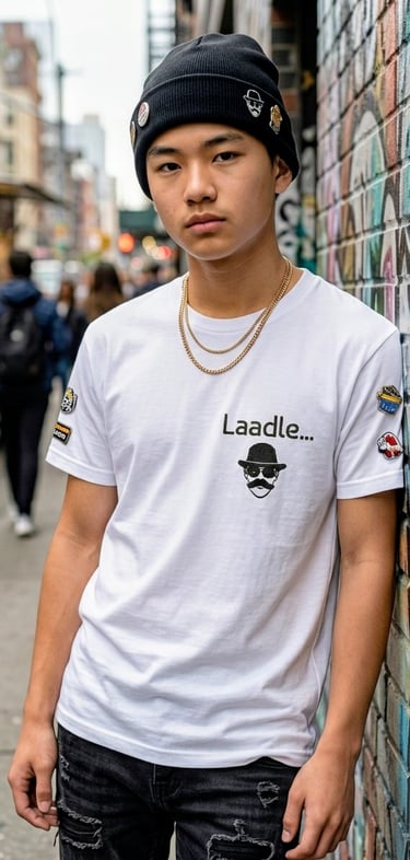 Young man in streetwear wearing a white graphic t-shirt and black beanie with pins.