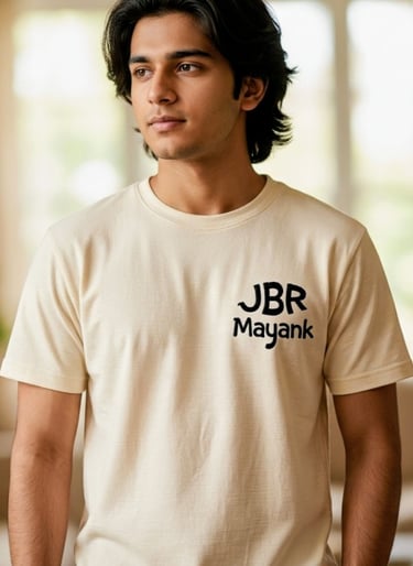 Young man wearing a cream cotton t-shirt featuring a custom JBR Mayank logo on the chest.