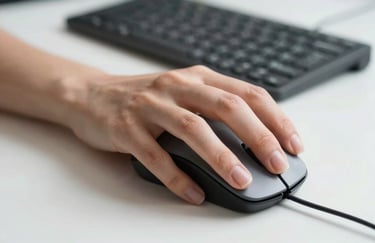 A close-up of a designer's hand using a high-precision mouse on a clean white desk, with a keyboard in the background. The lighting is bright and clear, illustrating technical precision and professional execution.