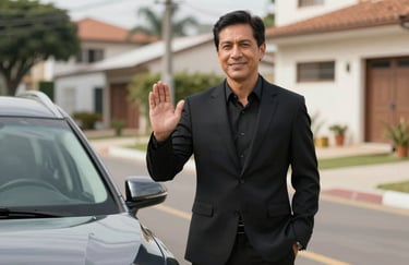 A professional driver with a polite gesture standing next to the vehicle in a South American / Brazilian upscale neighborhood. Deepest obsidian black suit matching the car.