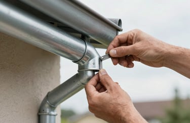 Close-up of a professional's hands expertly installing a precise zinc gutter junction on a French residence. Sharp focus, daylight, demonstrating artisanal skill.
