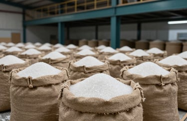 A professional shot of burlap sacks filled with refined white sugar in a clean, high-end storage facility with dark teal architectural accents.