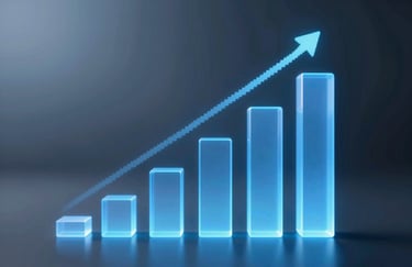 A series of growing bar graphs made of translucent blue light, representing business growth and technological scalability.