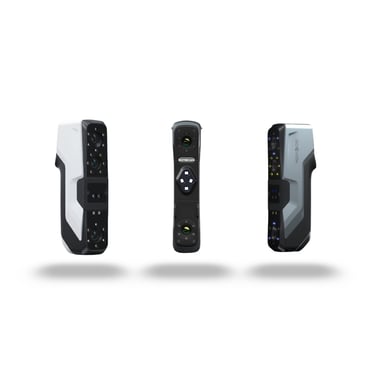 Three views of a Simscan portable 3D laser scanner for industrial metrology.