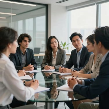 A diverse professional team in a North American / Spanish-speaking office environment having a collaborative brainstorming session around a glass table. Soft natural lighting, modern professional attire.