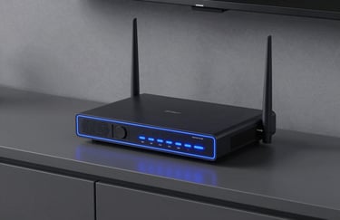 A modern high-speed internet router glowing with a subtle indigo blue light on a clean charcoal grey shelf.
