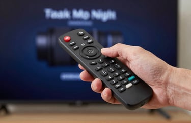 A close-up of hands using a remote control toward a high-end television, with soft-focus indigo blue lighting in the background.
