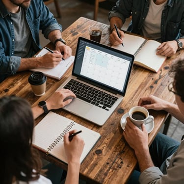 Overhead view of a rustic wooden table in a North American / US cafe where a professional team is planning a social media calendar with a laptop, notebooks, and fresh coffee.