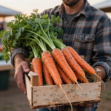 A North American / US farmer in a flannel shirt holding a crate of vibrant organic carrots at a morning market, soft sunrise lighting, earthy tones of warm stone and matte forest green.