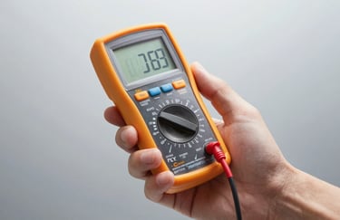 An electrician's hand holding a professional multimeter against a clean silver background, representing precision and care.
