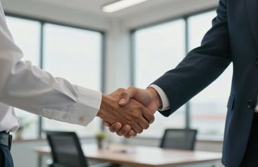 A firm handshake between two professionals in a light-filled office, business attire, South American setting, emphasizing trust and partnership.