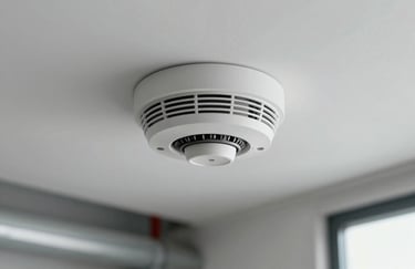 A professional smoke detector sensor on a white ceiling in a clean North American industrial space, modern architectural photography.