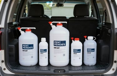 A set of professional-grade, clean pest control canisters and equipment arranged neatly in the back of a service vehicle in a North American / US driveway. Lighting is bright and efficient.