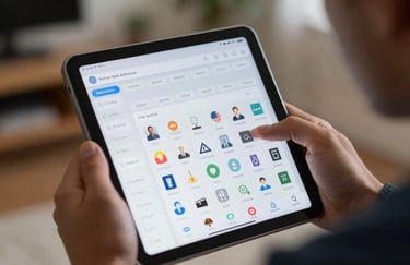 A close-up of a digital tablet showing a scheduling app with professional icons, held by a technician in a North American / US residential setting.