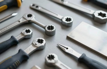 Clean, flat-lay arrangement of professional zinc tools and metal samples on a workshop table, showcasing commitment to high-quality materials and professional tools, in a professional and robust style using #263238.